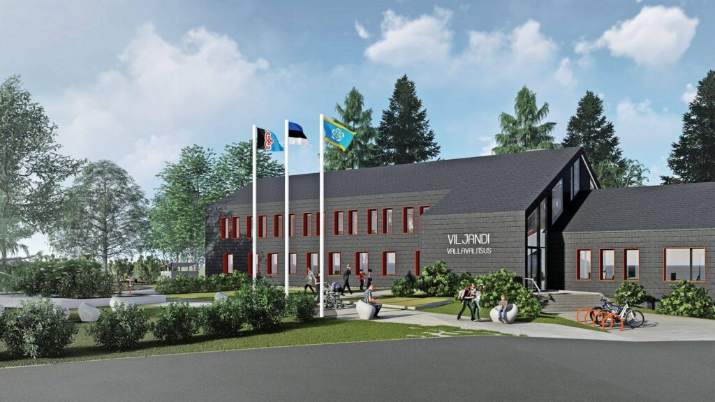 Viljandi vallamaja 3D-visualiseering – uus musta fassaadiga hoone koos jalakäijate ja rohelusega avalikus ruumis.